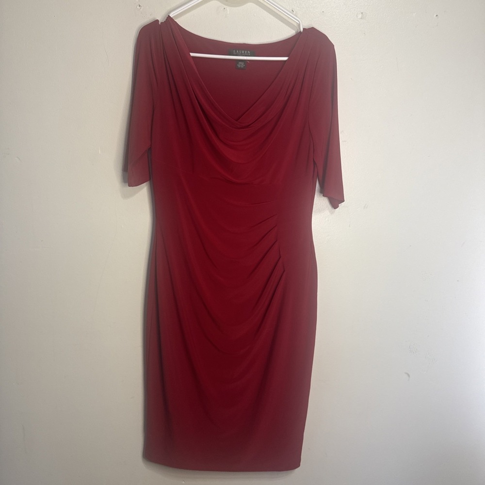 Lauren Ralph Lauren Women's Business Formal Red Bodycon Dress Cowl Neck Size 10